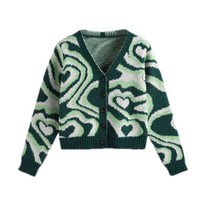 Cider Green and White Heart Print Button Cardigan